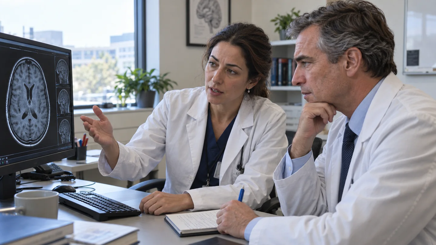Clinicians reviewing brain imaging in a healthcare decision-support workflow
